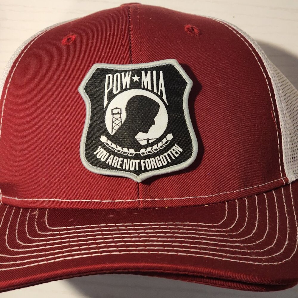 POW MIA Cardinal Red/White Mesh Snapback Trucker Hat